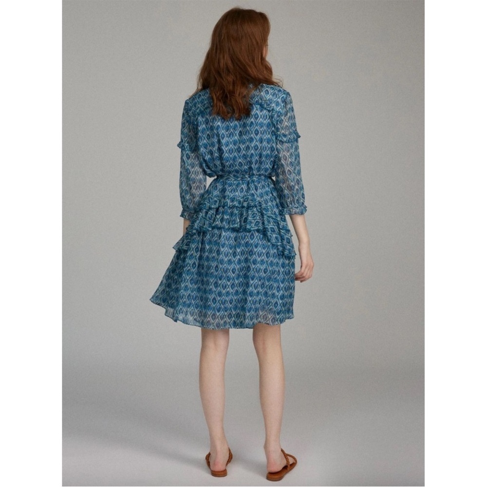 GUC SALONI- Tilly Ruffle Silk Dress in Filigree Batik Blue. Size 8 - Picture 3 of 8